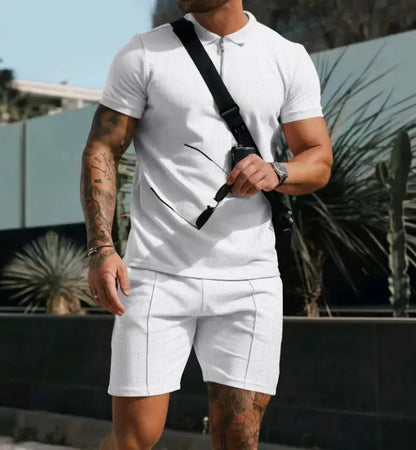 Men's Short Sleeve Shorts Casual Suit Summer Waffle Solid Color Casual Loose Lapels T-shirt Suit Men